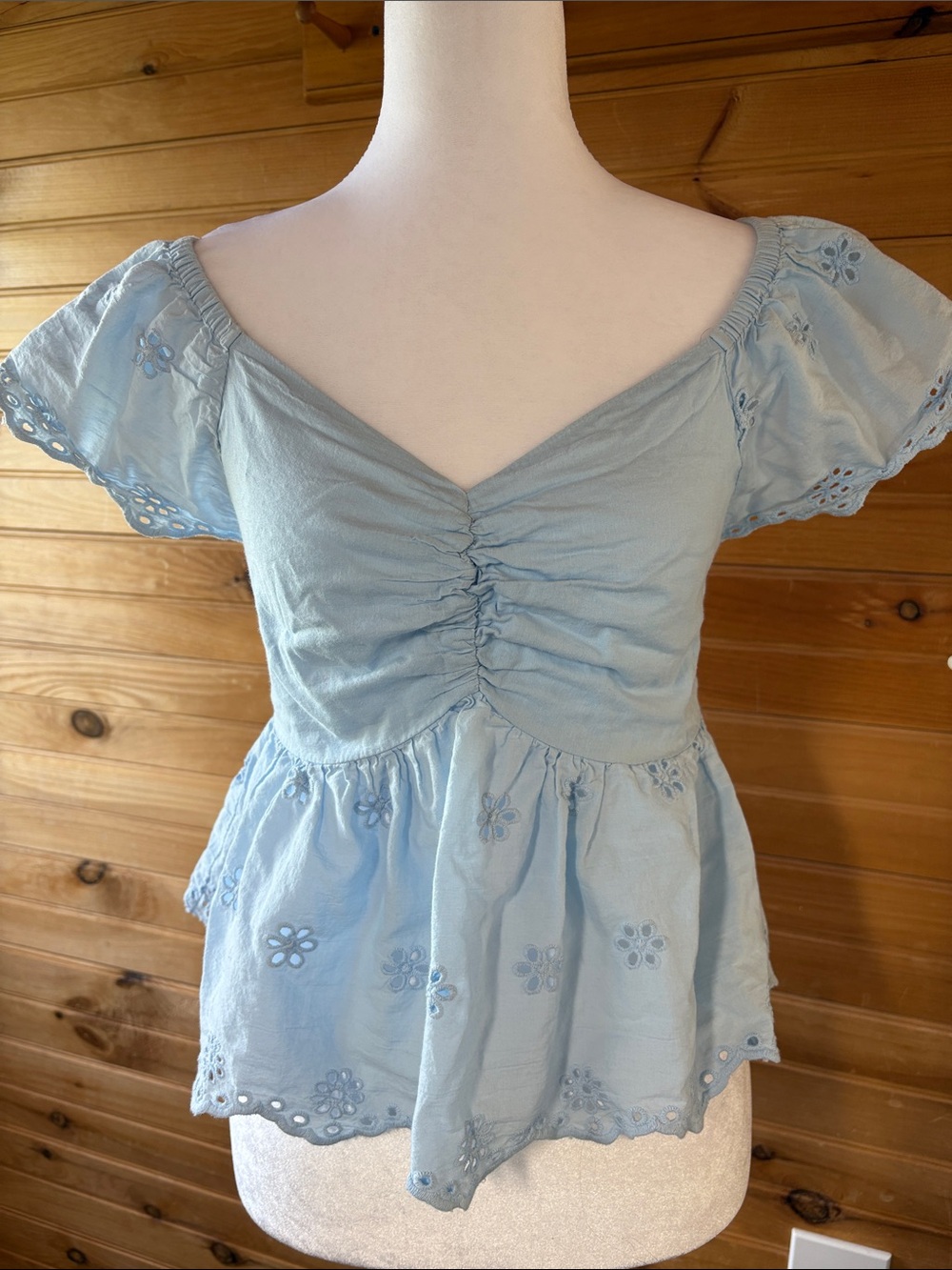 Japna Light Blue Ruched Peplum Eyelet Blouse